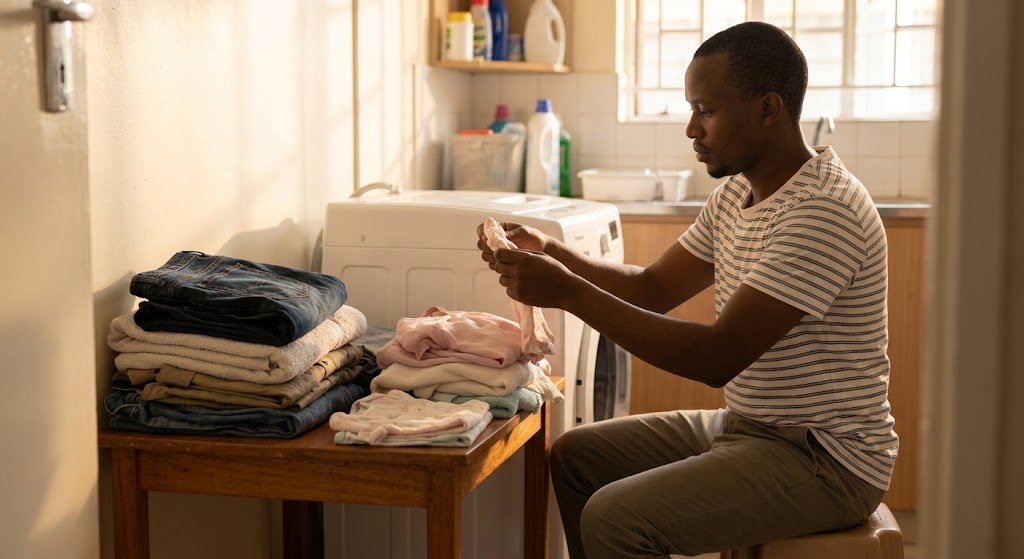 A man sorts laundry into separate piles for heavy and delicate cycles next to his washing machine.