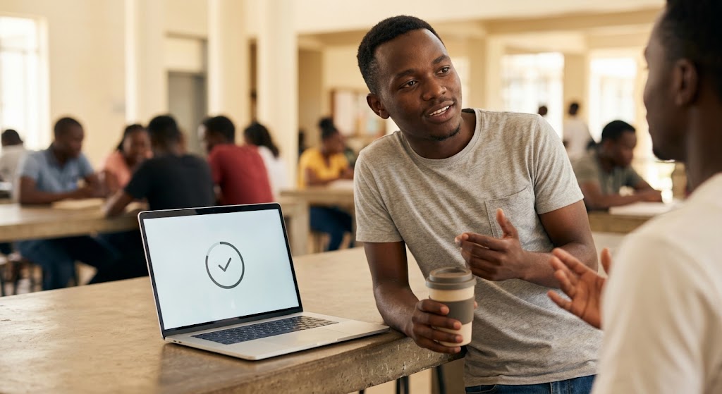 A university student relaxes and talks to a friend as his laptop shows a circular update progress bar.