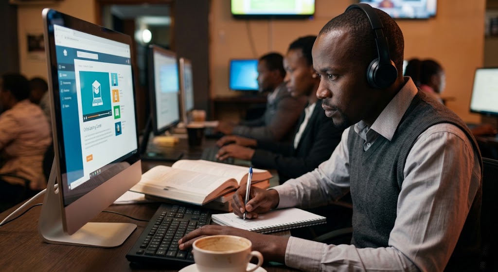 An adult focuses intensely on an evening upskilling course in an internet cafe