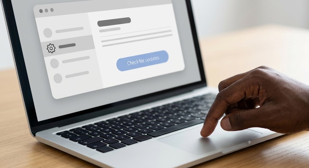 A man's finger clicks an update button.