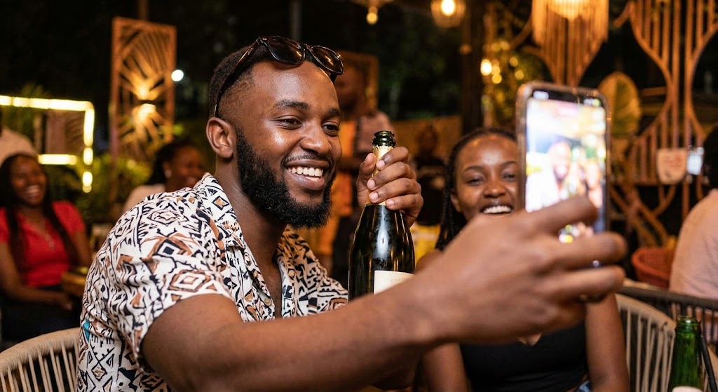 A trendy man and woman in a lounge capture a curated 'soft life' moment for social media.