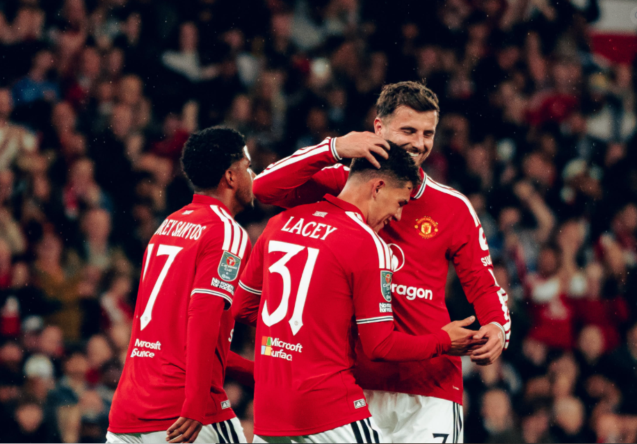 Manchester United players celebrate Shea Lacey's opening goal against Brighton in the Carabao Cup at Old Trafford on Wednesday, September 16, 2026. PHOTO/https://www.facebook.com/manchesterunited/photos
