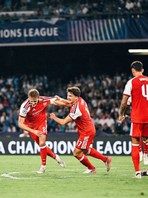 Arsenal captain Martin Odegaard (L) wheels away celebrating his goal against Napoli in the Champions League on Wednesday, September 9, 2026. PHOTO/https://www.facebook.com/Arsenal/photos