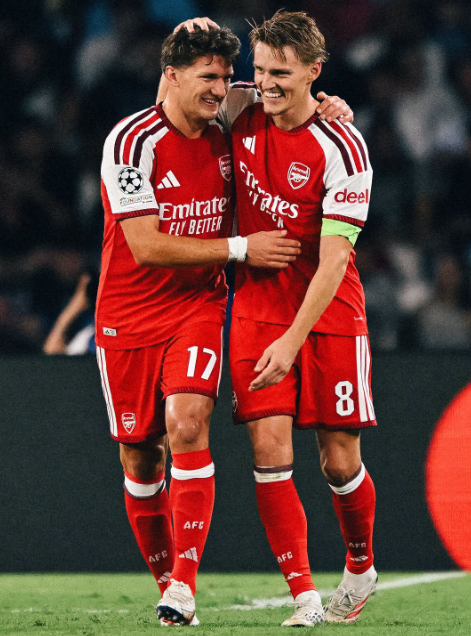 Arsenal captain Martin Odegaard (R) and Christos Tzozils celebrating his goal against Napoli in the Champions League on Wednesday, September 9, 2026. PHOTO/https://www.facebook.com/Arsenal/photos