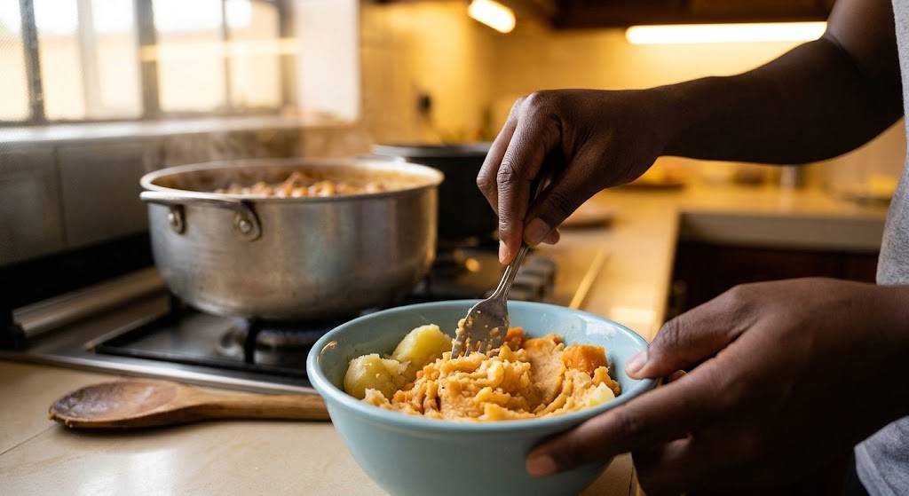 A hand uses a fork to mash cooked potatoes in a bowl.