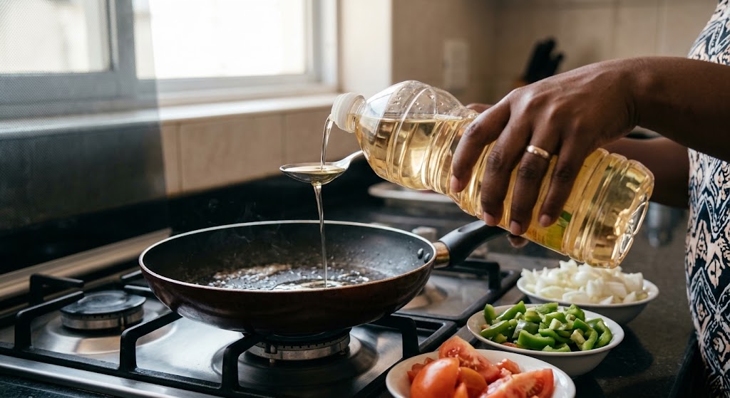 A cook's hand carefully measures a tablespoon of clear sunflower oil into a hot pan.
