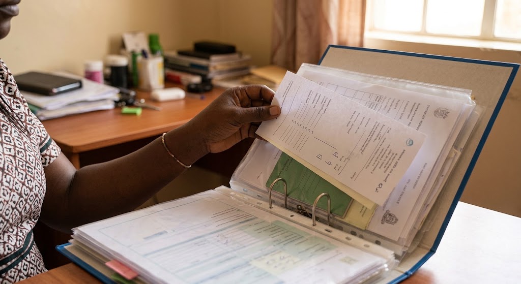 An adult hand places a new medical report into a blue lever-arch file.