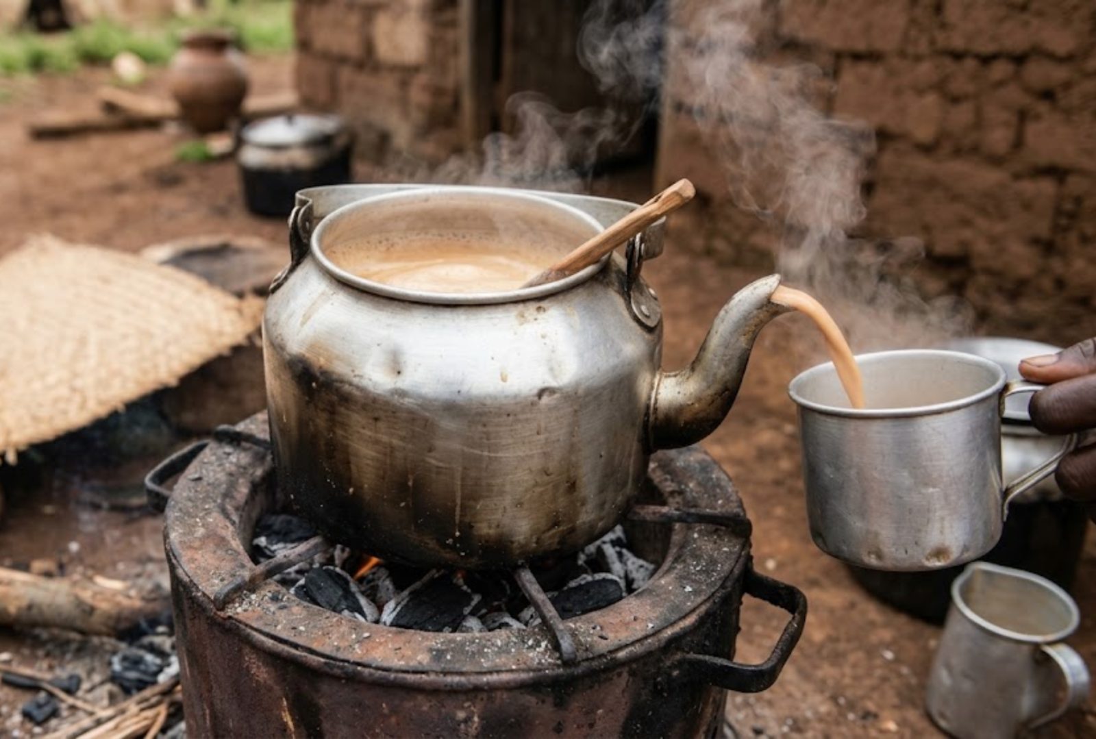 A person serving milky tea from a traditional kettle.