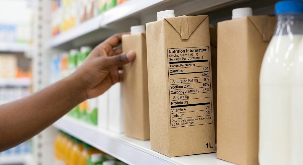 A milk carton with the nutritional label on its side.