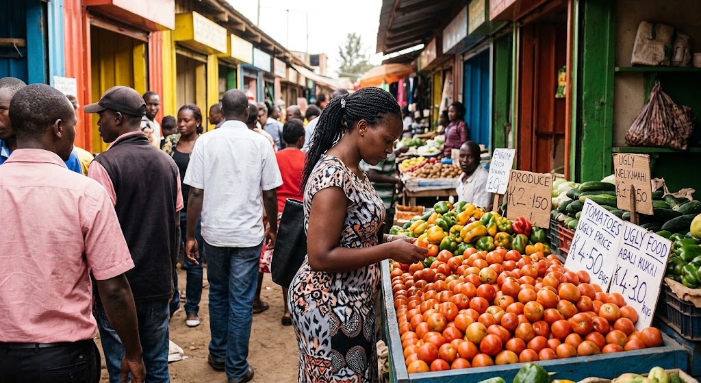 A shopper carefully sorts through a discounted pile of misshapen tomatoes and vegetables at a market stall.