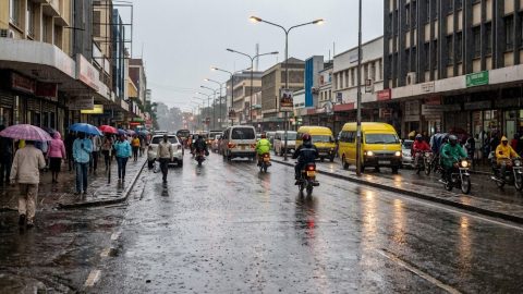 A bustling street experiencing moderate rain.