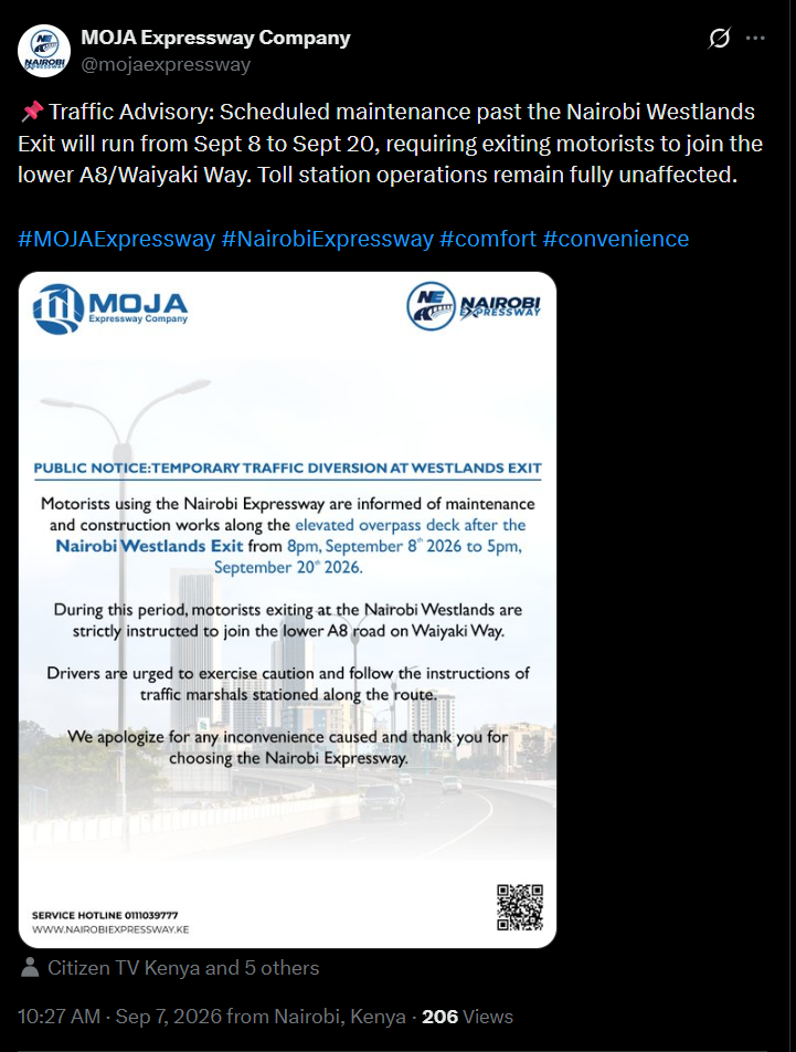 Post by Moja Expressway Company. PHOTO/Screengrab by K24 Digital from X/@mojaexpressway