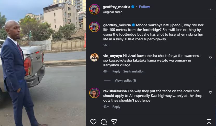A post shared by Geoffrey Mosiria on his Instagran. PHOTO/Screengrab by K24 Digital
