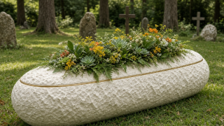 Unusual farewell as woman is laid to rest in mushroom coffin