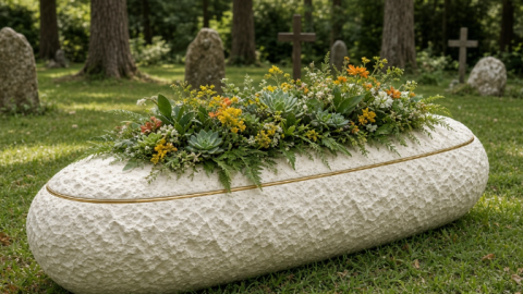 Unusual farewell as woman is laid to rest in mushroom coffin