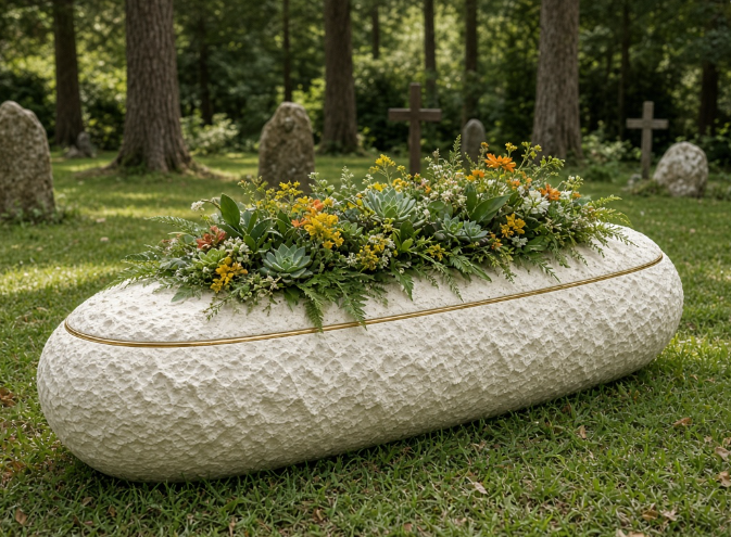 Unusual farewell as woman is laid to rest in mushroom coffin