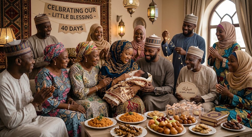 An African Muslim family gathers in a warm, festive living room to celebrate a newborn's 40th day.