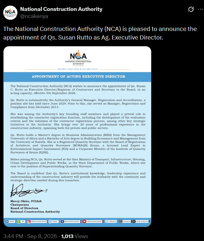 Post by the National Construction Authority. PHOTO/Screengrab by K24 Digital from X/@ncakenya