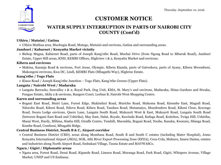 Areas affected with water interruption. PHOTO/@NairobiWater/X