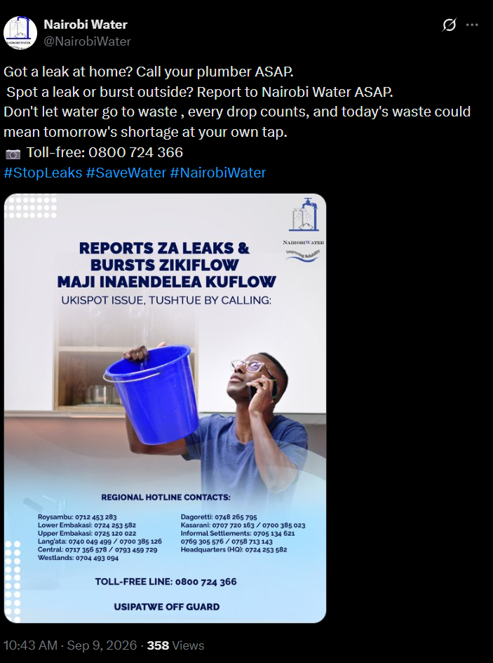 Post by Nairobi Water. PHOTO/Screengrab by K24 Digital from X/@NairobiWater