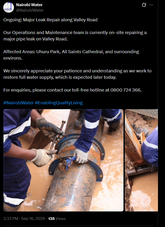 Post by Nairobi Water. PHOTO/Screengrab by K24 Digital from X/@NairobiWater