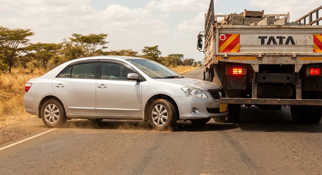 A car stopped safely just centimeters from a lorry's rear bumper.
