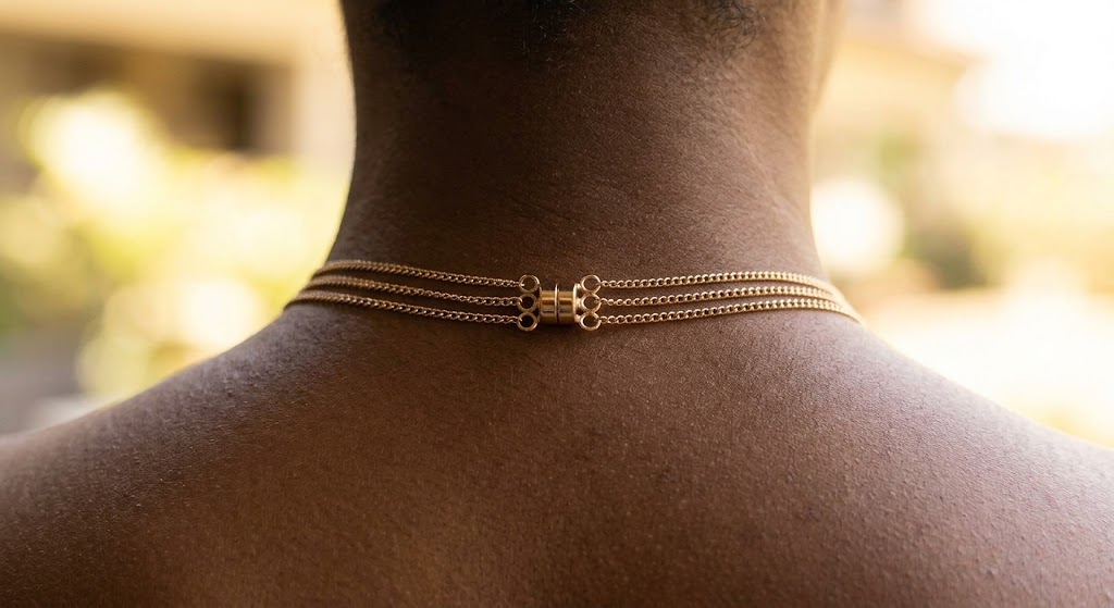 A necklace spacer clasp in use.