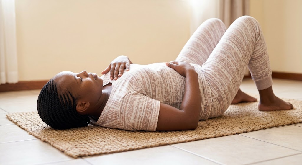 A new mother practices diaphragmatic breathing on a woven sisal mat.