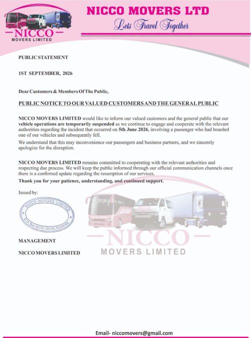 Nicco Movers statement. PHOTO/https://www.facebook.com/Niccomovers