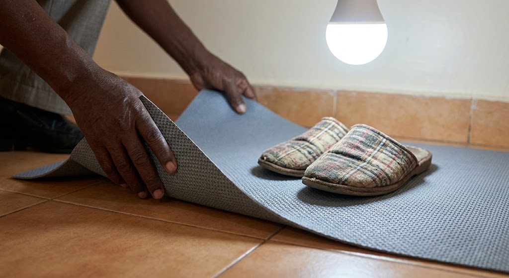 Hands install a non-slip rubber mat to replace a hazardous loose rug.