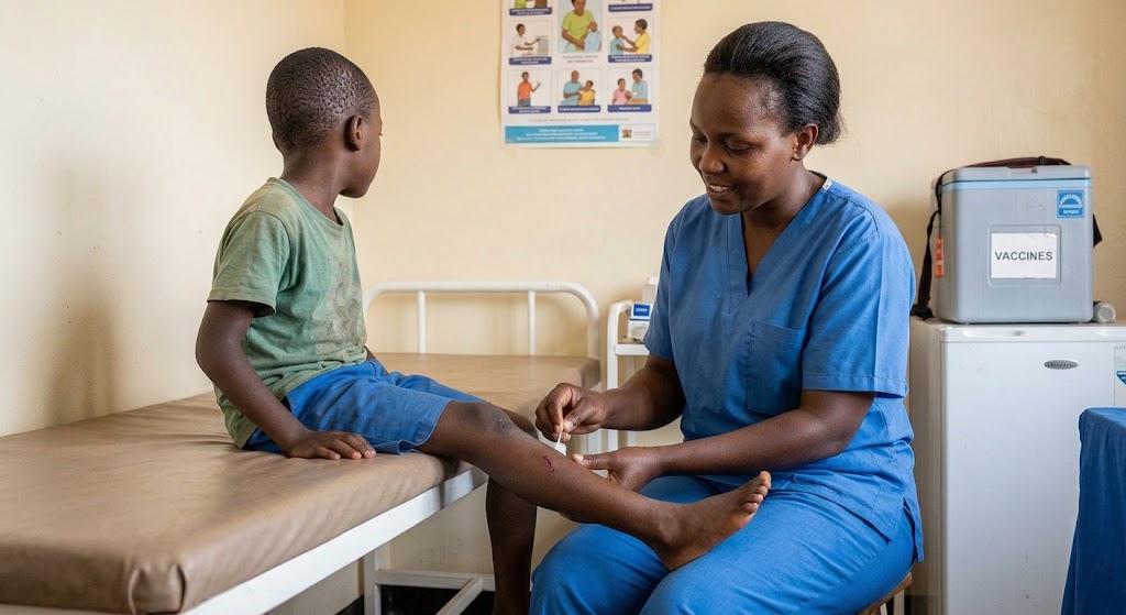 A nurse examines a boy's injury in a local dispensary, emphasising the importance of seeking professional medical care.