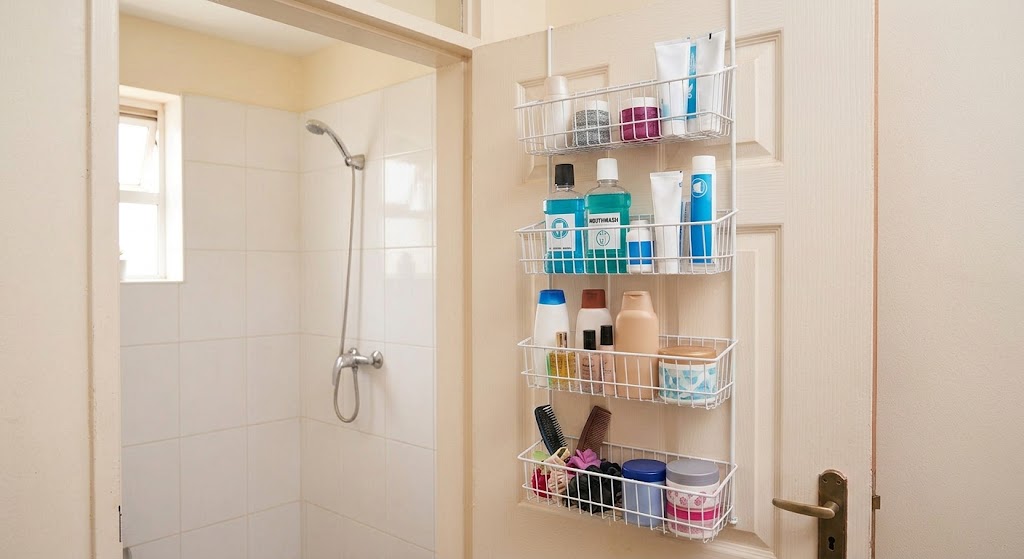 An over-the-door organiser packed with bathroom essentials.