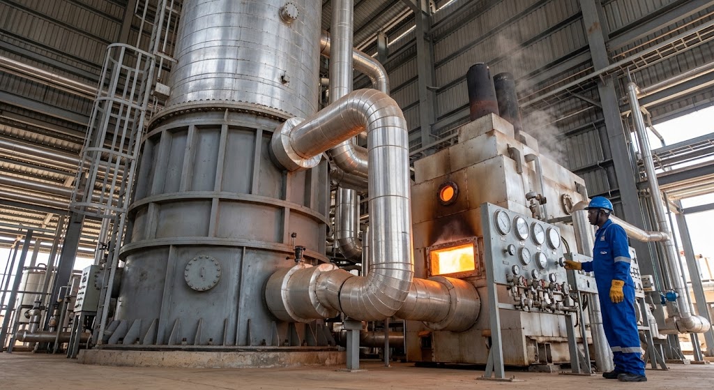 A technician monitors the high-heat furnace where crude oil turns into gas.