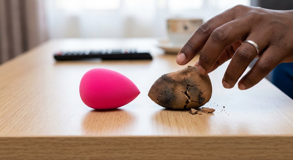 A woman’s hand holds a crumbling, deteriorated old makeup sponge next to a new one.