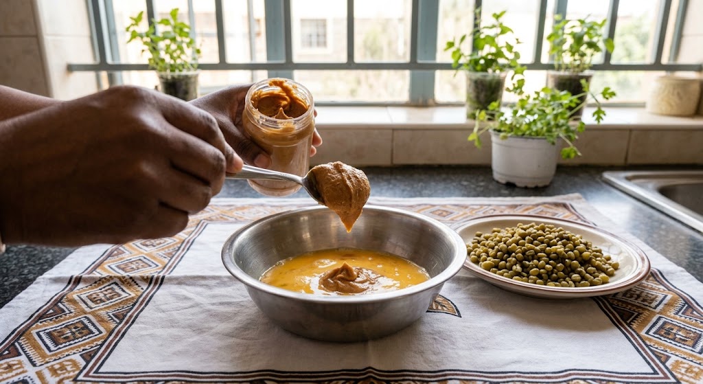 Groundnut paste being whisked into a bowl of seasoned eggs, with a small plate of cooked dengu (green grams) nearby.