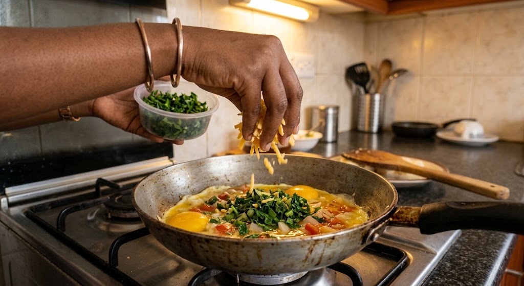 A hand sprinkles fresh sukuma wiki and grated cheese onto an omelette cooking in a frying pan.
