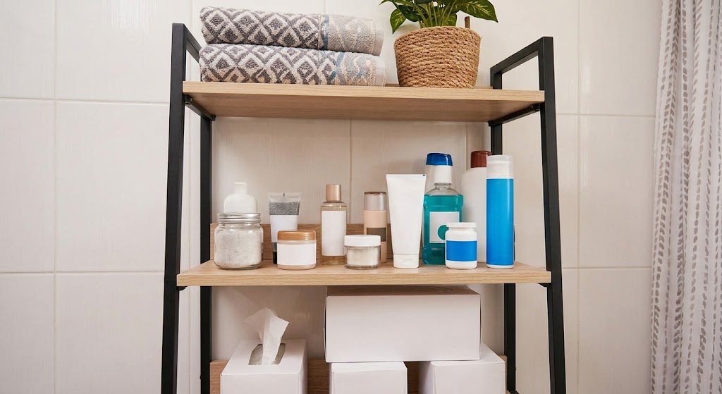 Over-toilet shelves holding towels and toilet paper.