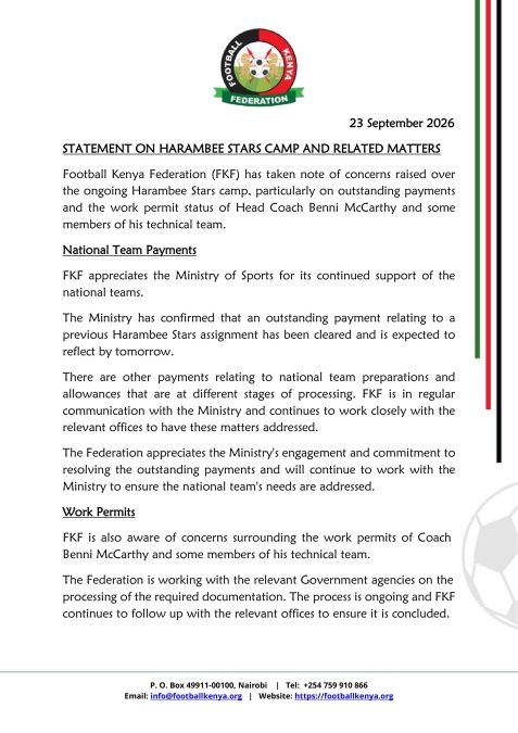 Statement of FKF on the permit status of Harambee Stars head coach Benni McCarthy and his technical bench work permit. PHOTO/FKF