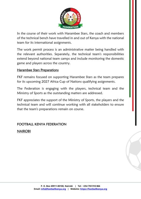 Statement of FKF on the status of Harambee Stars head coach Benni McCarthy and his technical bench work permits. PHOTO/FKF