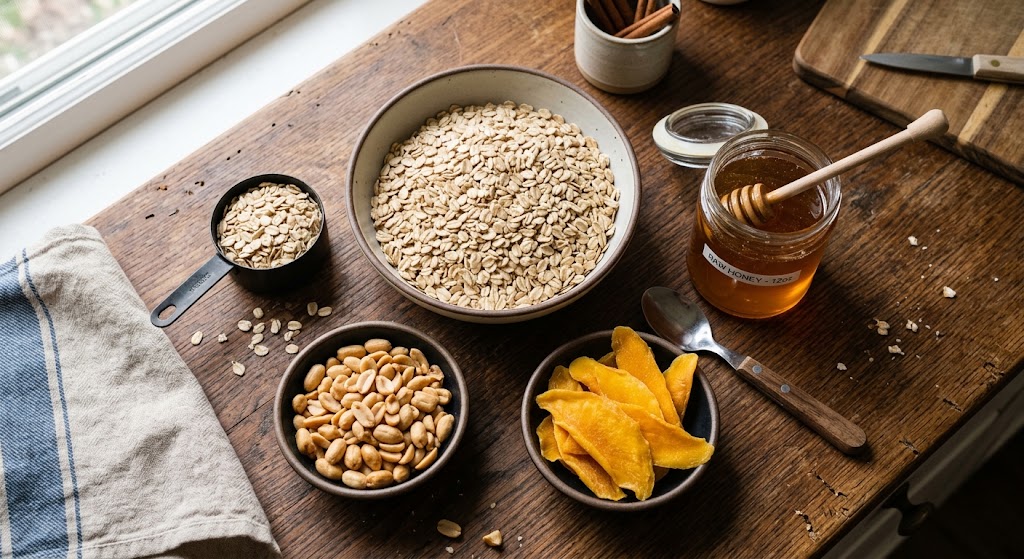 Everyday pantry staples including rolled oats, local honey, roasted peanuts, and dried fruit.