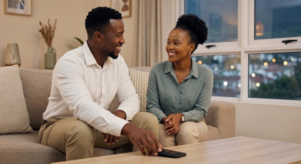 A man deliberately puts down his smartphone, turning his attention to his partner in their living room, illustrating priority and focus on home life.
