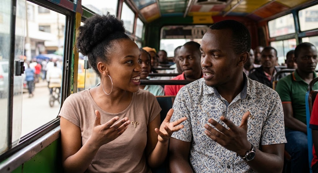 Two passionate Kenyan partners debate a point during a matatu ride.