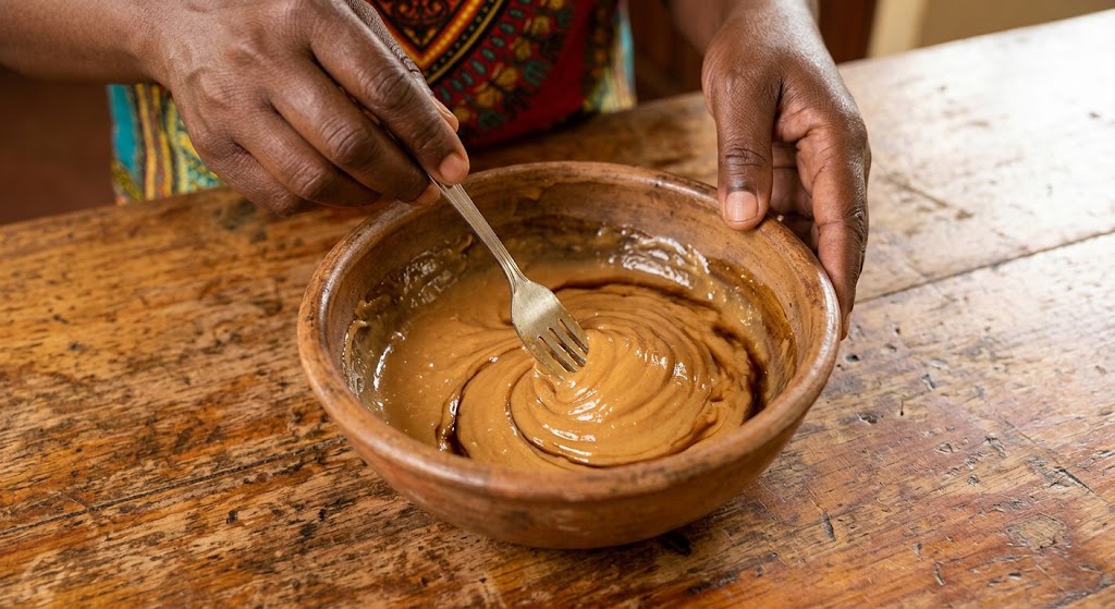 Hands use a fork to mix the peanut butter and soy sauce.