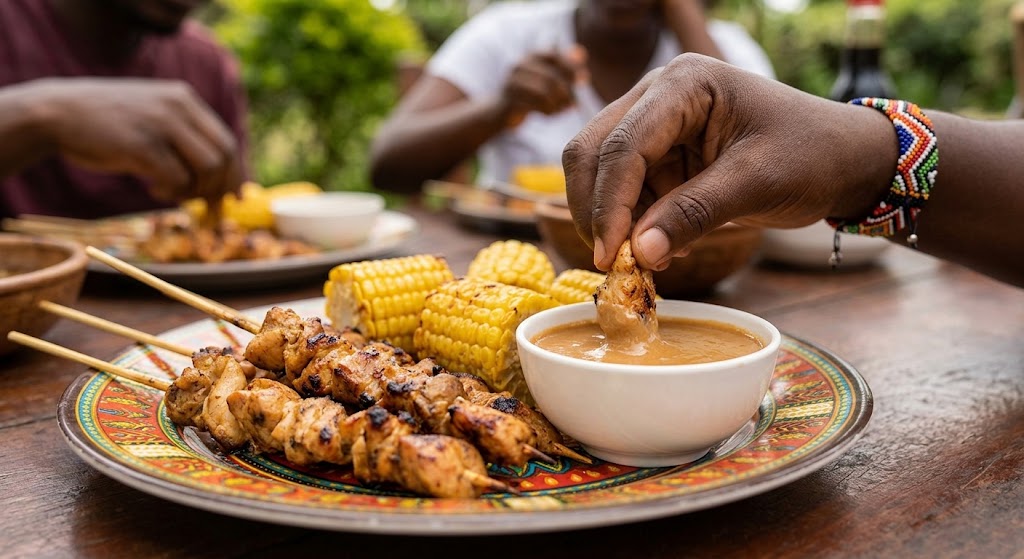The finished sauce served alongside grilled chicken skewers (mshikaki) and roasted maize.