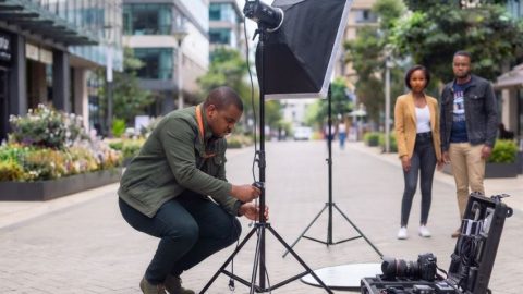 A photographer setting up his equipment.