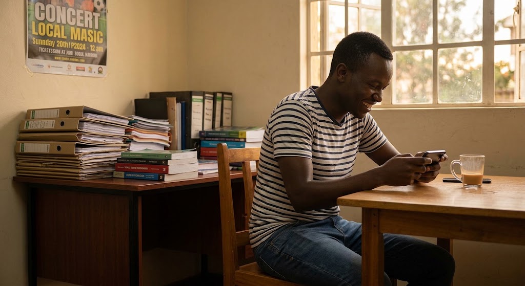 A young man plays a mobile game while neglecting a stack of pending paperwork.