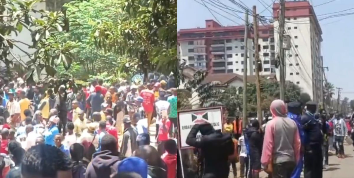 A collage of Hundreds of Burundian nationals and police at the Embassy of Burundi in Nairobi. PHOTO/screengrab by K24 Digital
