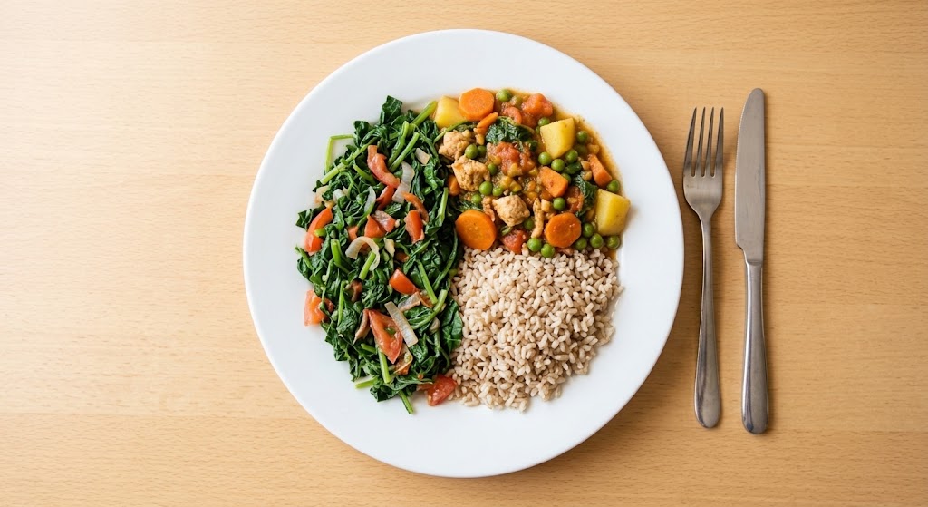 A plated meal showing the ideal portion: half vegetables, one-quarter whole grains, and one-quarter healthy stew.