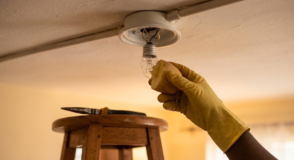 A cut potato is used to grip and remove the broken lightbulb base.