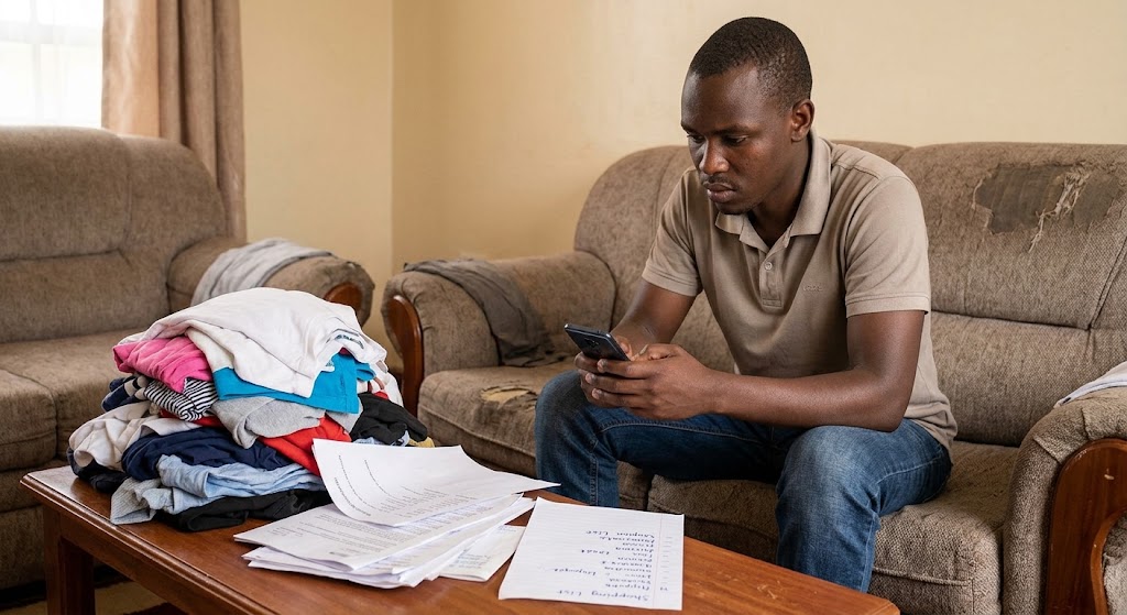 A young man avoids household tasks, finding brief comfort scrolling through social media.